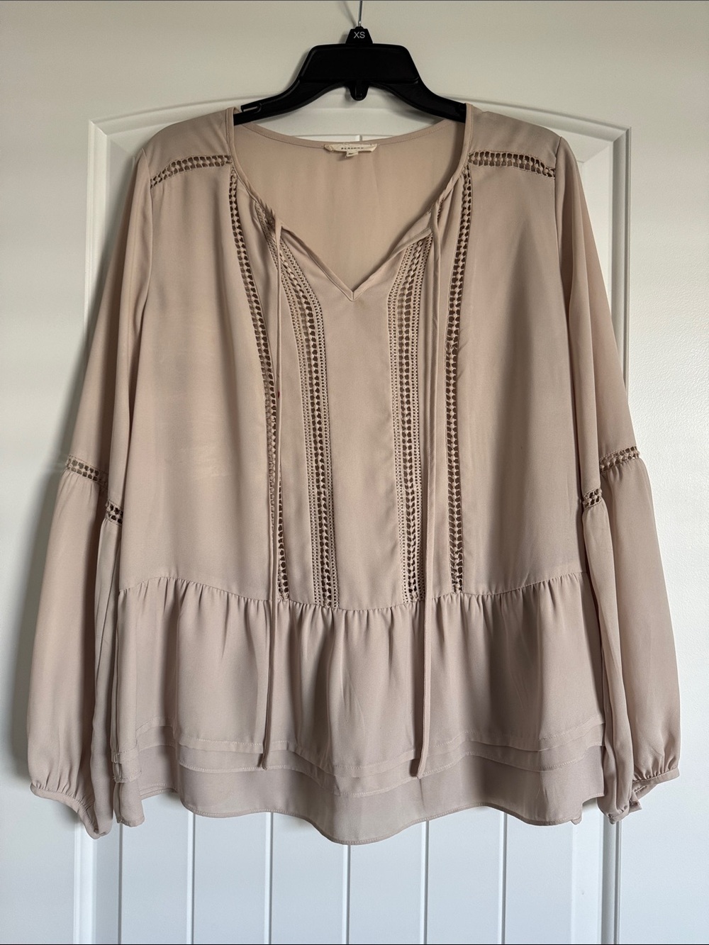 Light Taupe Lace-Trim Peasant Blouse - Women Tops